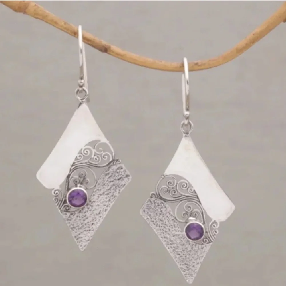 NWT! Silver Tone Diamond Shaped Pierced Dangle Earrings with Purple Crystal!